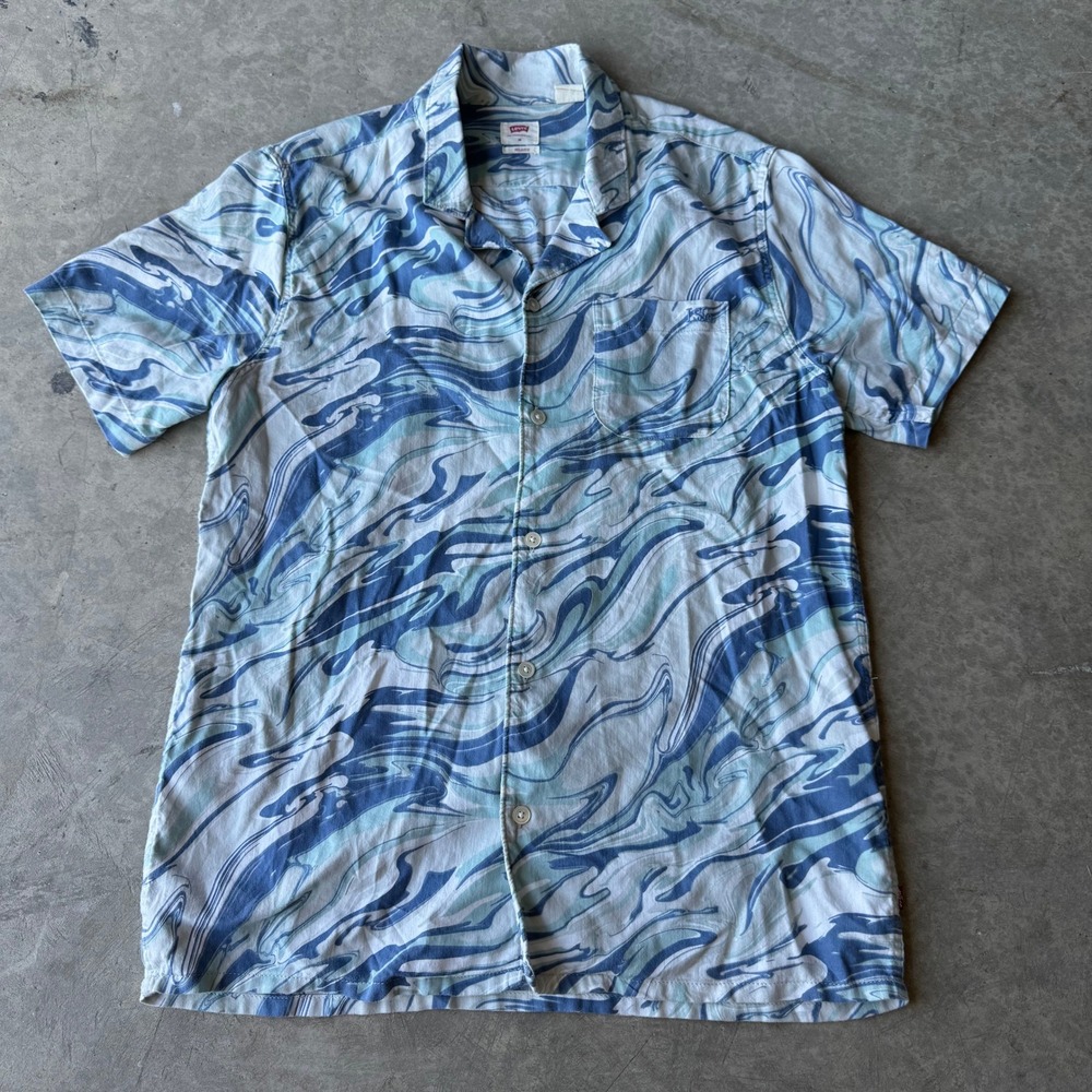 Levi's Mens Relaxed Fit Marble Swirl Print Short Sleeve Shirt Blue White Medium‎